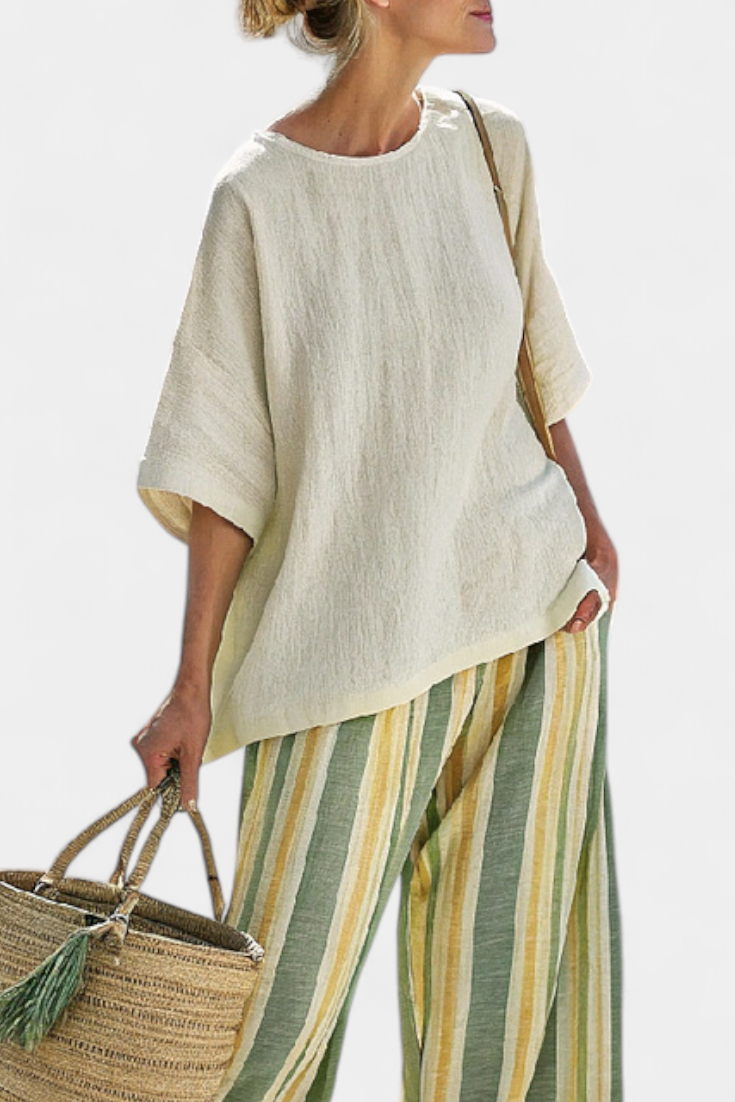 Nela – Stylish Top and Striped Linen Pants