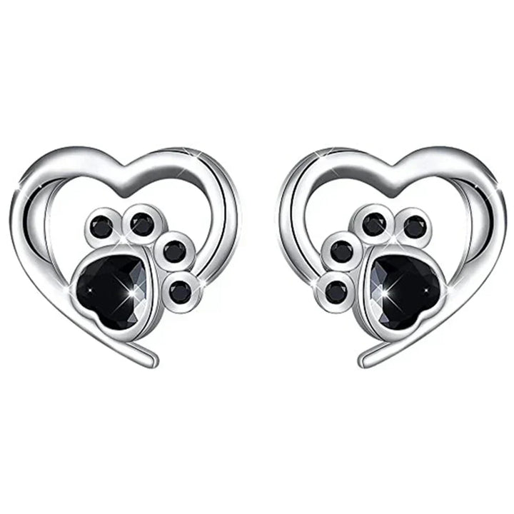 Heart & Paw Stud Earrings – Silver-Coloured with Black Crystal