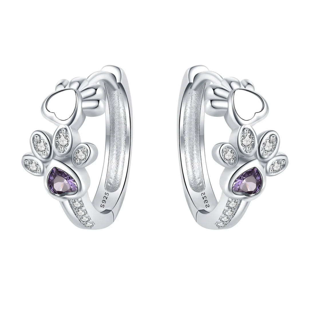 Sterling Silver Paw Hoop Earrings with Zirconia Heart Stone