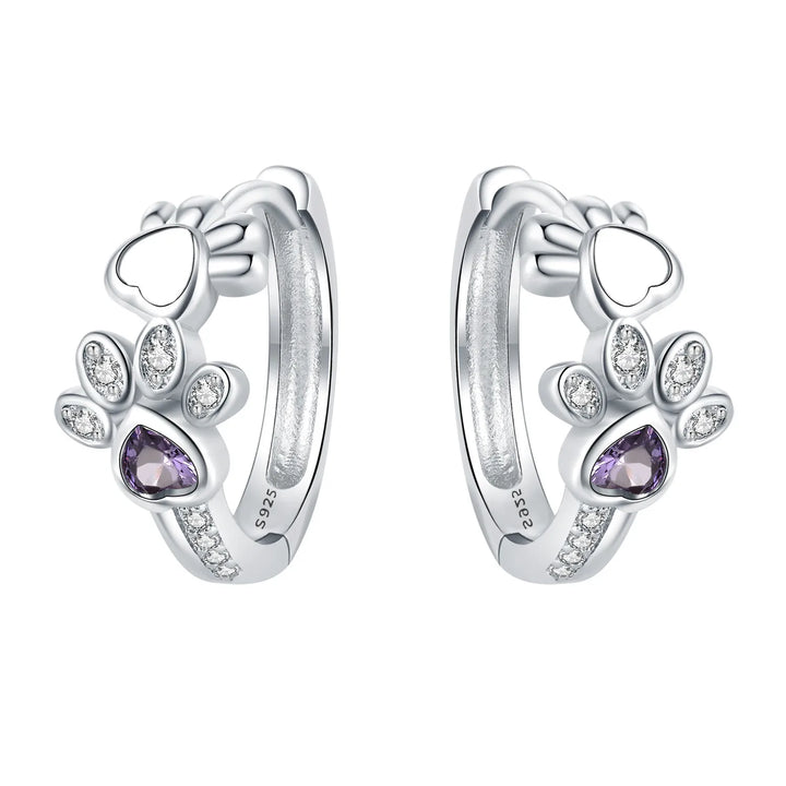 Sterling Silver Paw Hoop Earrings with Zirconia Heart Stone