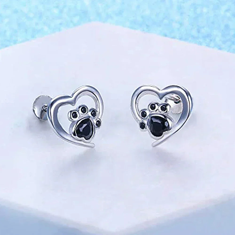 Heart & Paw Stud Earrings – Silver-Coloured with Black Crystal