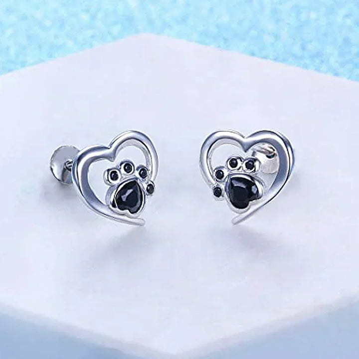 Heart & Paw Stud Earrings – Silver-Coloured with Black Crystal