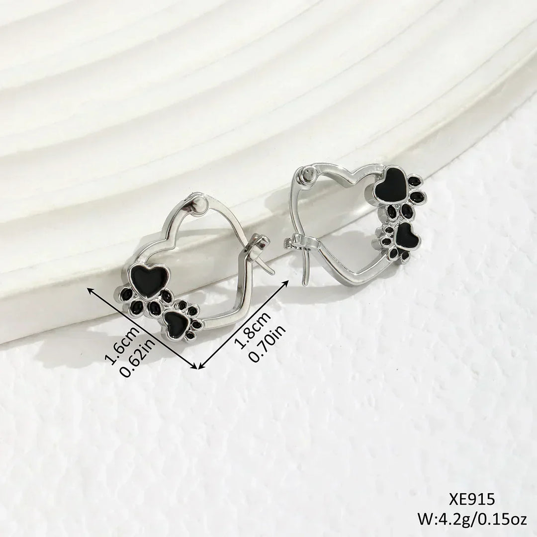 Heart-Paw Hoop Earrings – Silver Animal Motif with Black Enamel Design