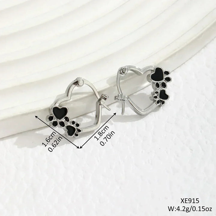 Heart-Paw Hoop Earrings – Silver Animal Motif with Black Enamel Design