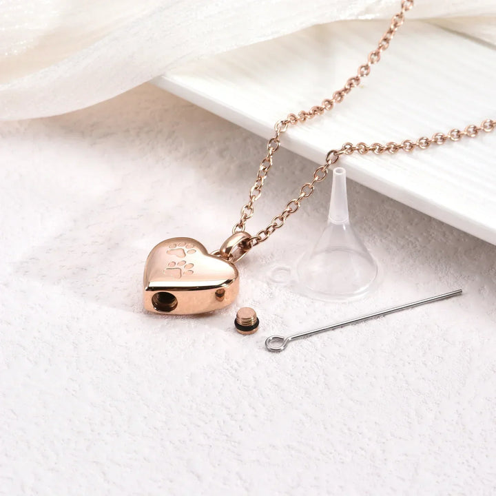 Memorial Necklace with Paw & Heart – Stainless Steel Urn Pendant