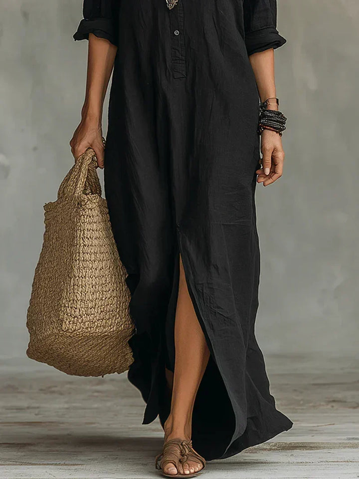 Anni – Loose Black Maxi Dress with Buttons
