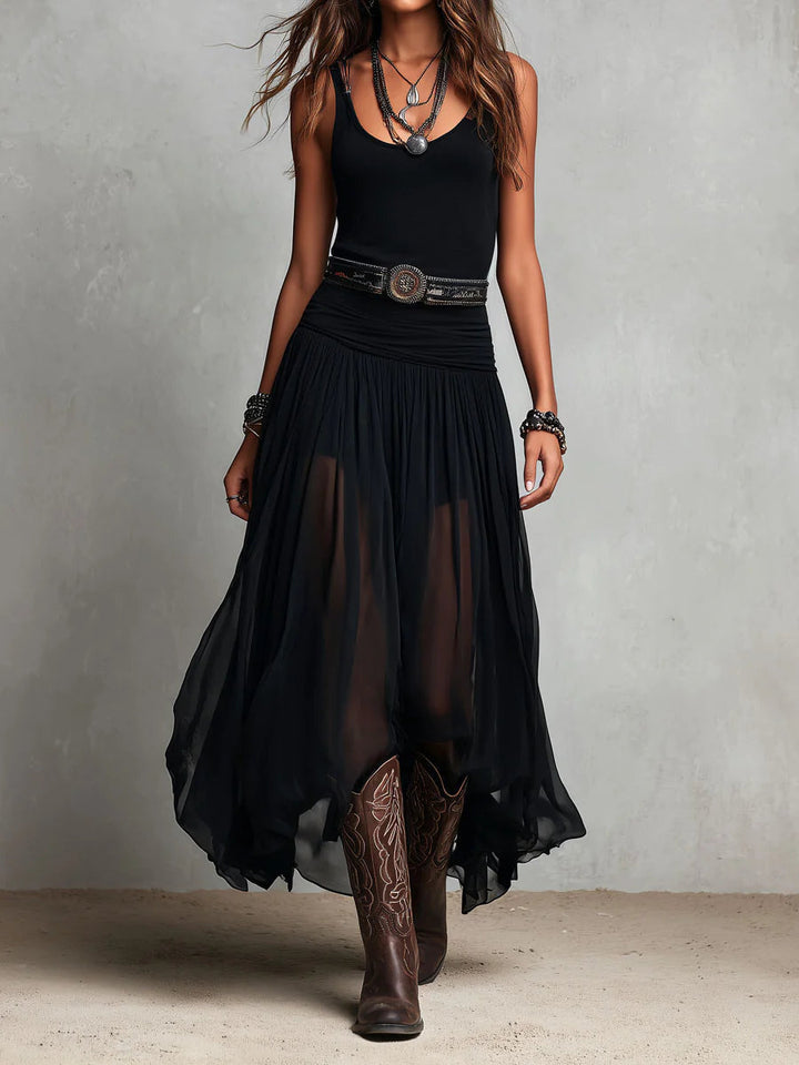 Odetta – Maxi Dress Combining Tulle and Belt