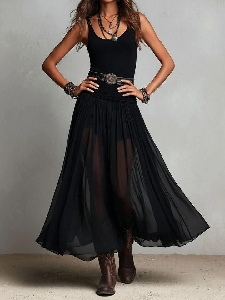 Odetta – Maxi Dress Combining Tulle and Belt