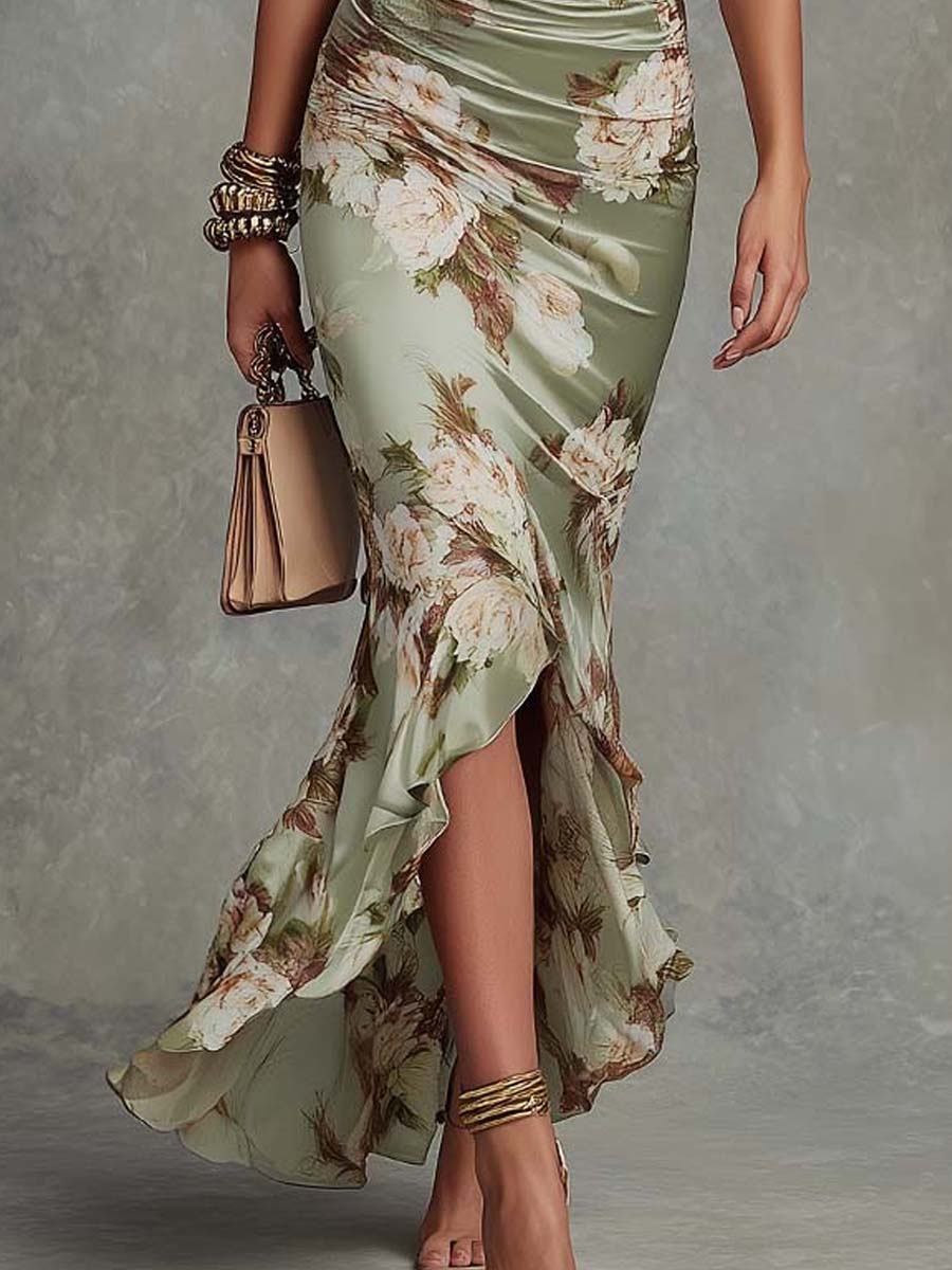 Ritva - Long Satin Dress with Floral Pattern