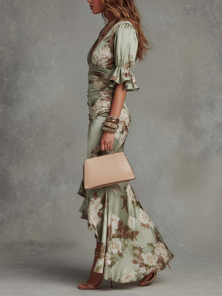 Ritva - Long Satin Dress with Floral Pattern