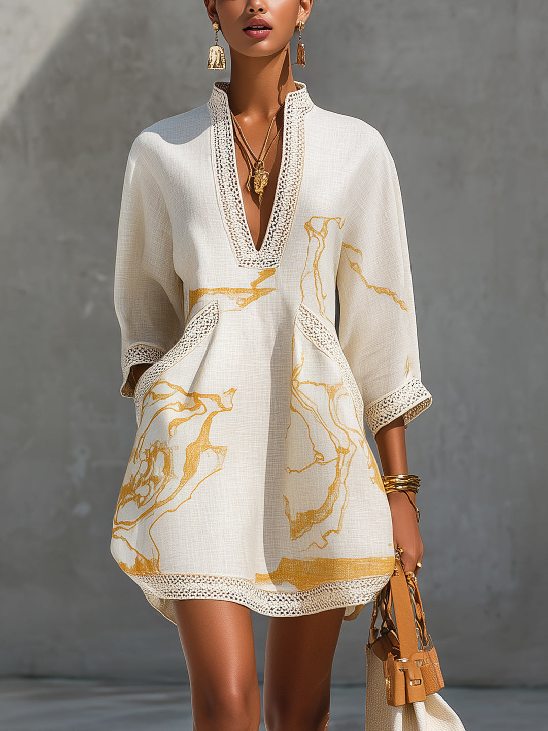 Aliénor – Short Crocheted Lace Dress with V-Neck