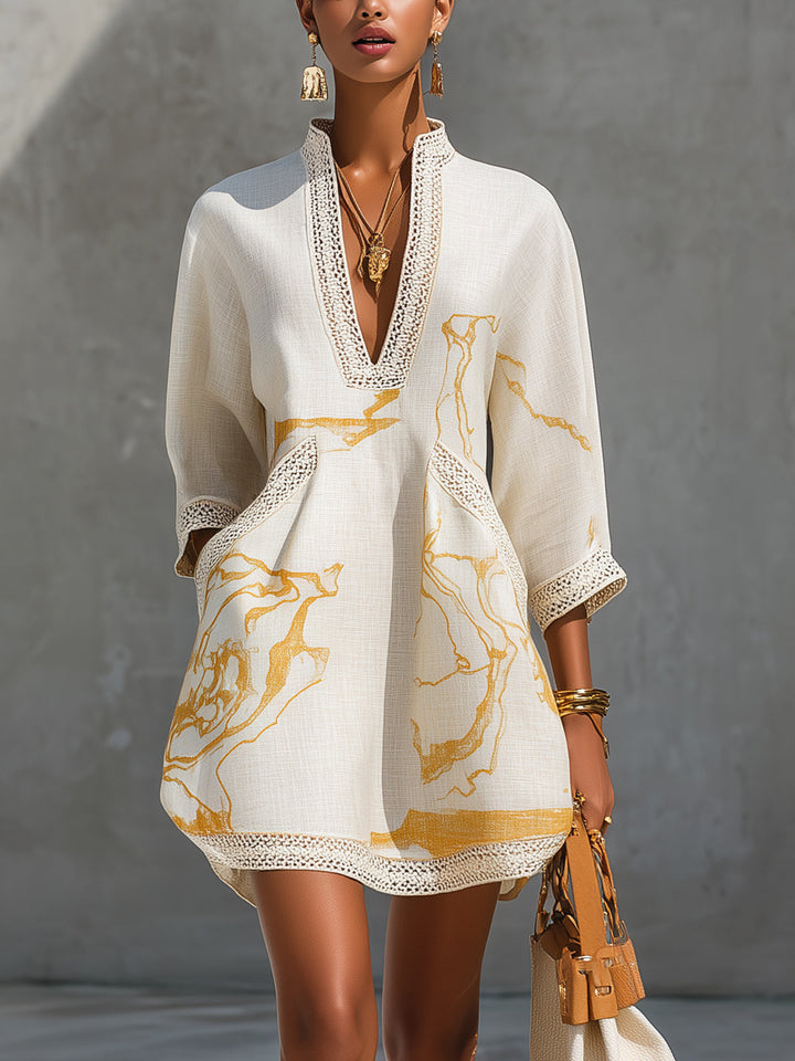 Aliénor – Short Crocheted Lace Dress with V-Neck