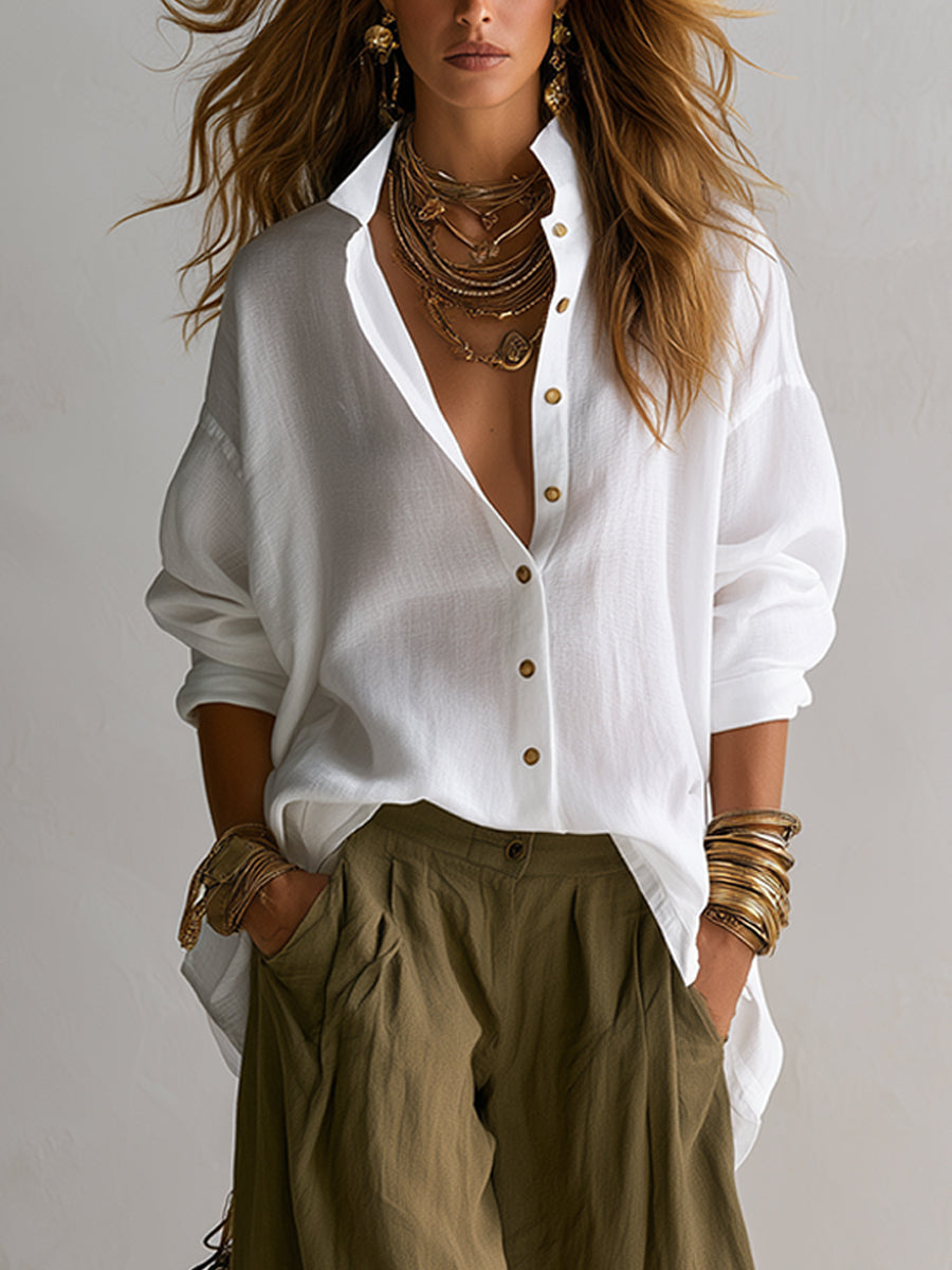 Capucine | White Shirt and Olive Green Lantern Pants