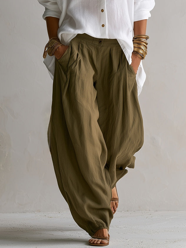 Capucine | White Shirt and Olive Green Lantern Pants