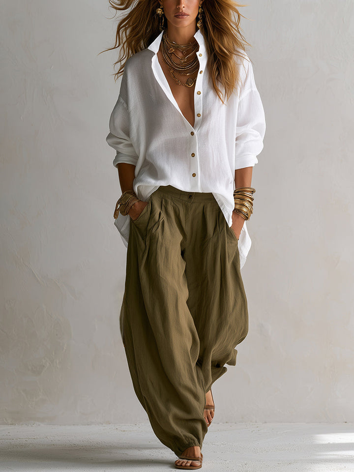 Capucine | White Shirt and Olive Green Lantern Pants