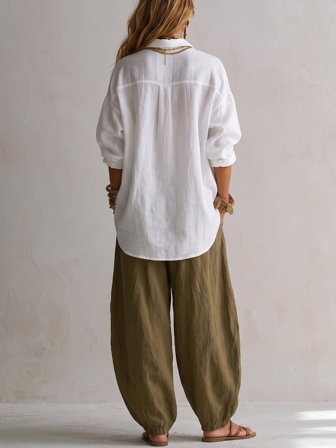 Capucine | White Shirt and Olive Green Lantern Pants