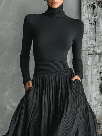 Prudence | Pleated Skirt and Black Turtleneck T-Shirt Set