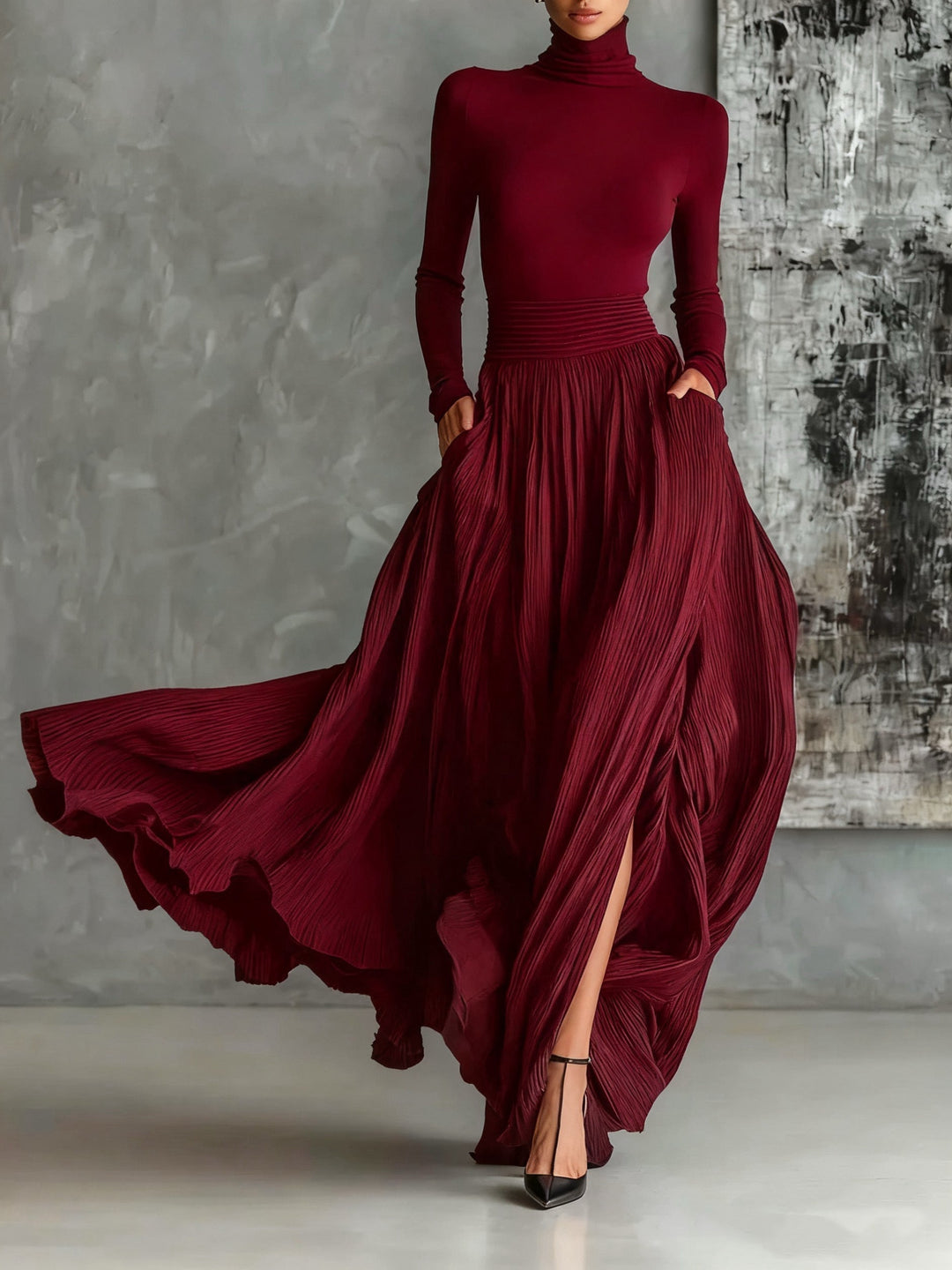 Prudence | Pleated Skirt and Black Turtleneck T-Shirt Set
