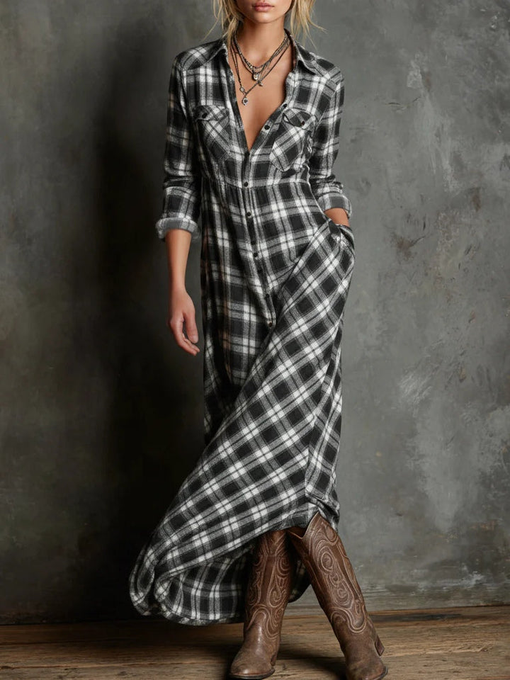 Margaux | Long Shirt Dress with Green Checkered Collar