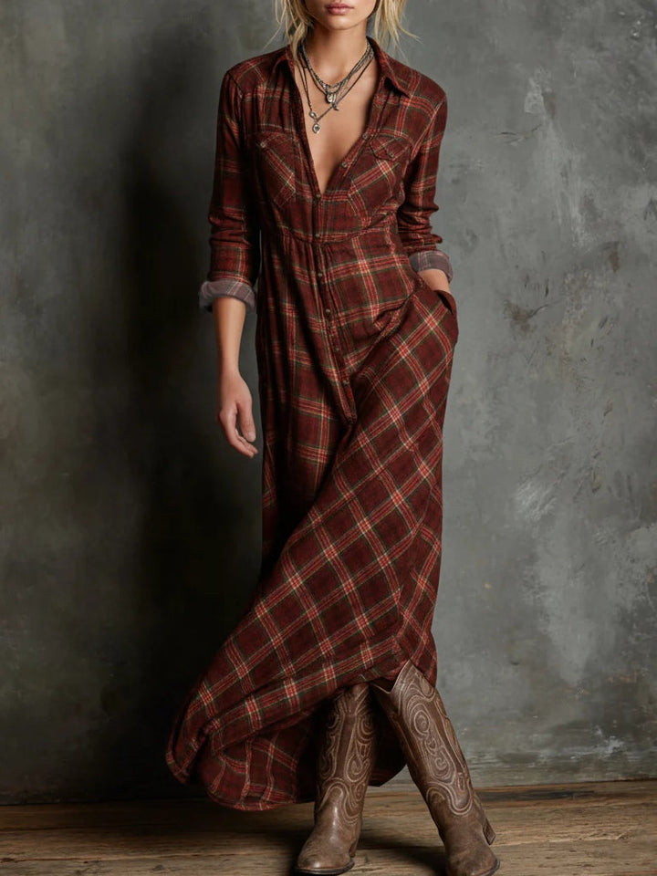 Margaux | Long Shirt Dress with Green Checkered Collar
