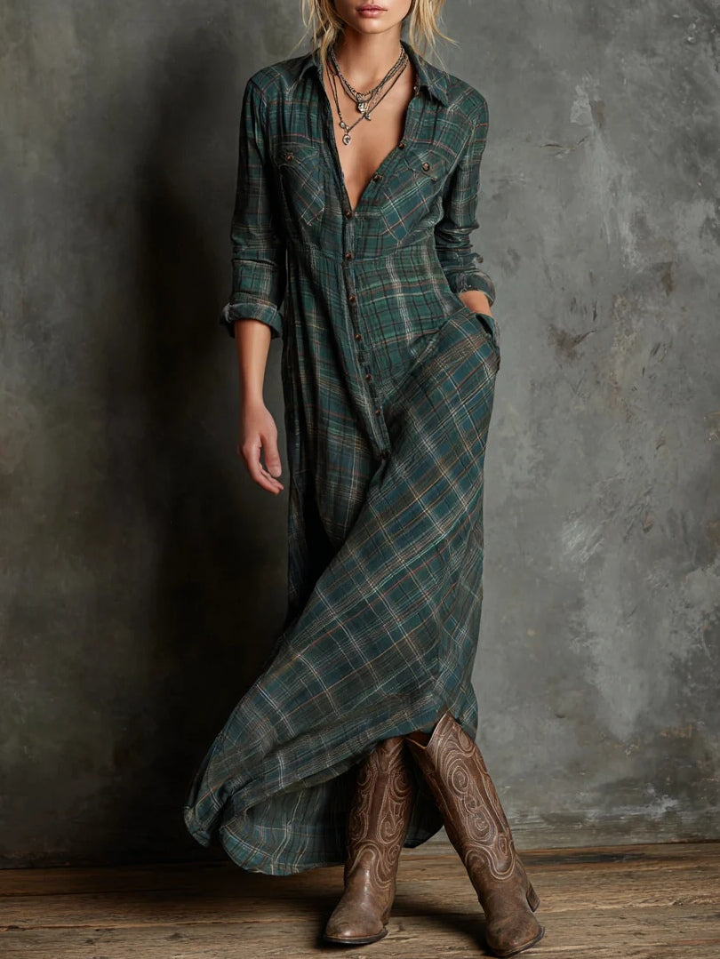 Margaux | Long Shirt Dress with Green Checkered Collar