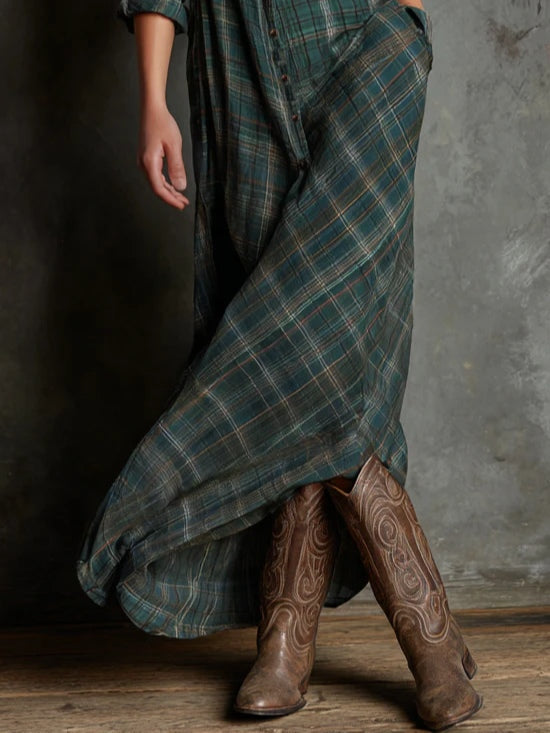 Margaux | Long Shirt Dress with Green Checkered Collar