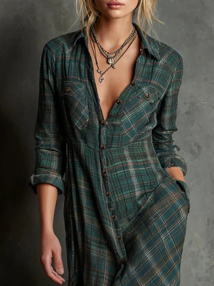 Margaux | Long Shirt Dress with Green Checkered Collar