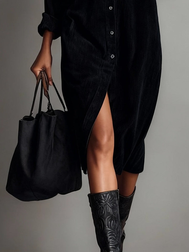 Béatrice | Midi Dress in Corduroy with Pockets and Simple Button Closure