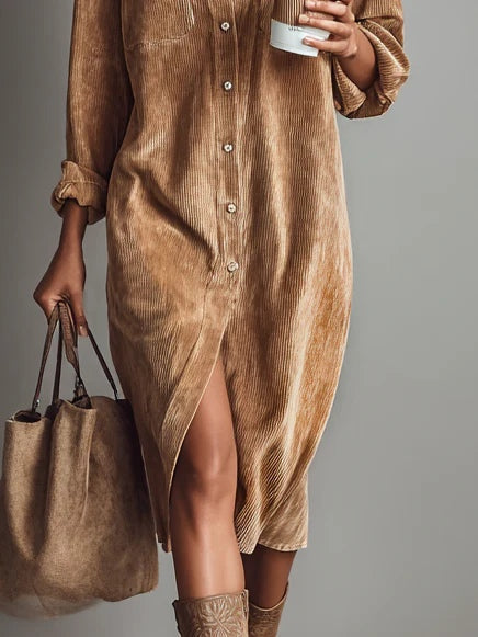 Béatrice | Midi Dress in Corduroy with Pockets and Simple Button Closure