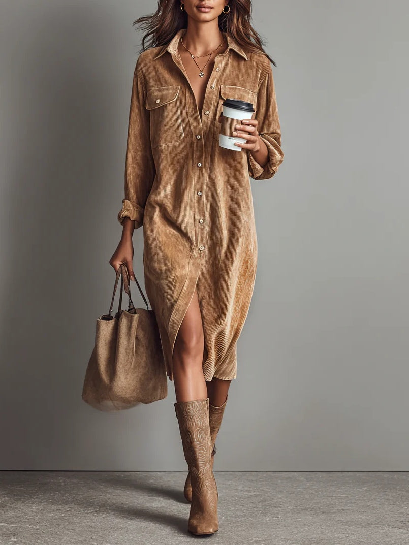 Béatrice | Midi Dress in Corduroy with Pockets and Simple Button Closure