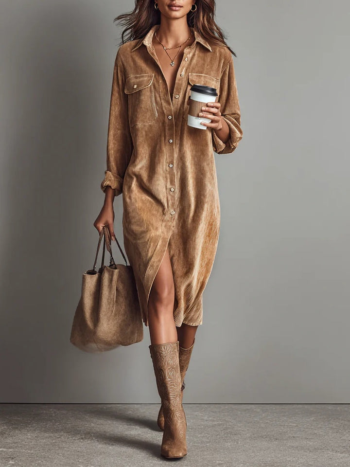 Béatrice | Midi Dress in Corduroy with Pockets and Simple Button Closure