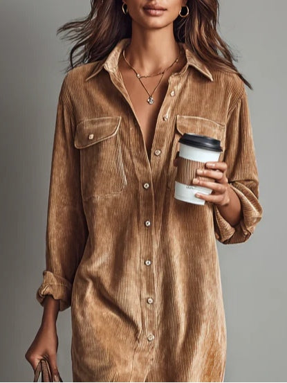 Béatrice | Midi Dress in Corduroy with Pockets and Simple Button Closure