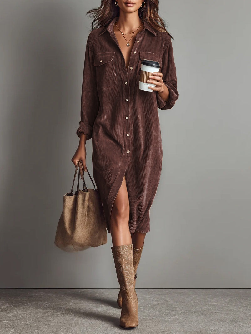 Béatrice | Midi Dress in Corduroy with Pockets and Simple Button Closure