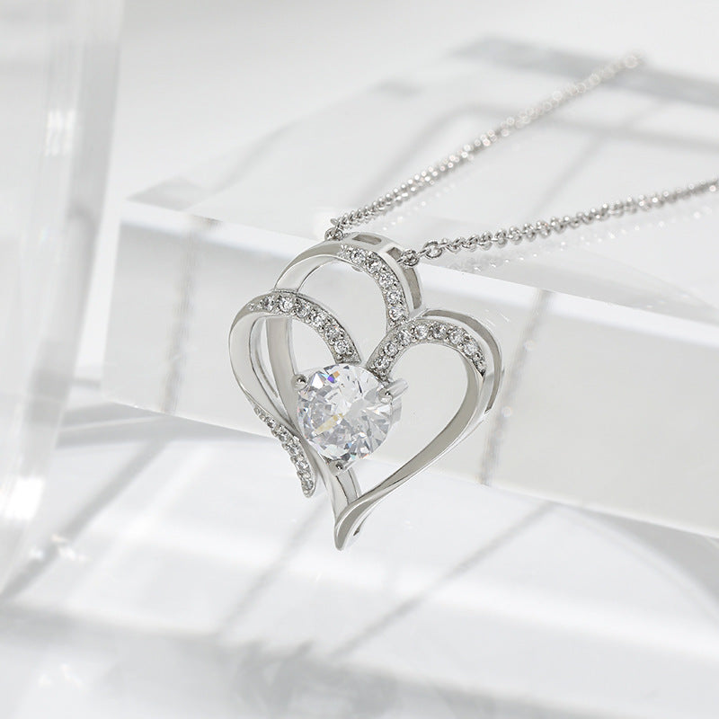 Double Heart Necklace with Zirconia – Adjustable Women's Necklace