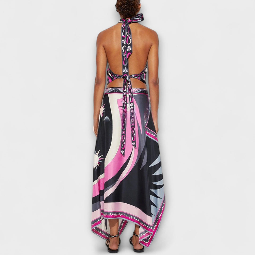 Everly - Halterneck Top and Asymmetrical Midi Dress Set