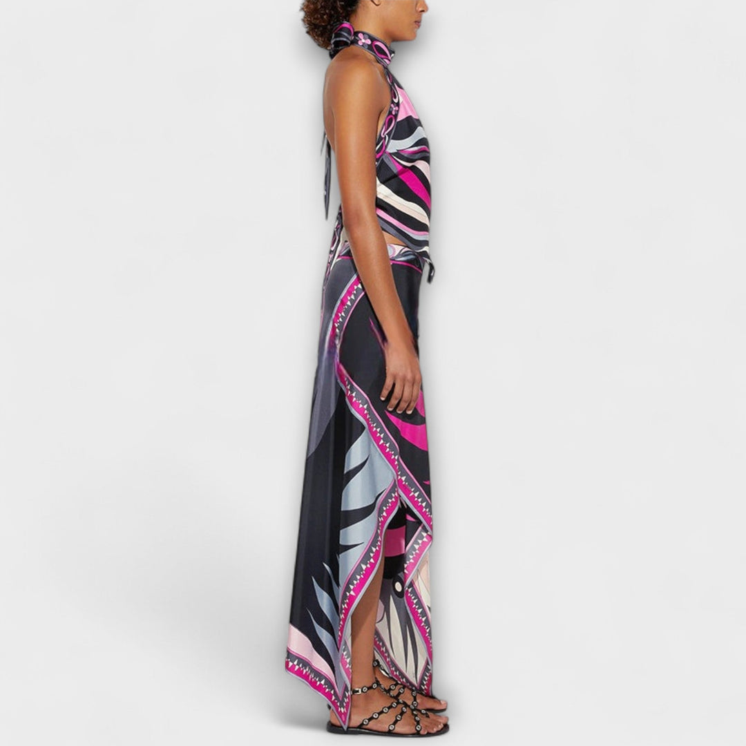 Everly - Halterneck Top and Asymmetrical Midi Dress Set