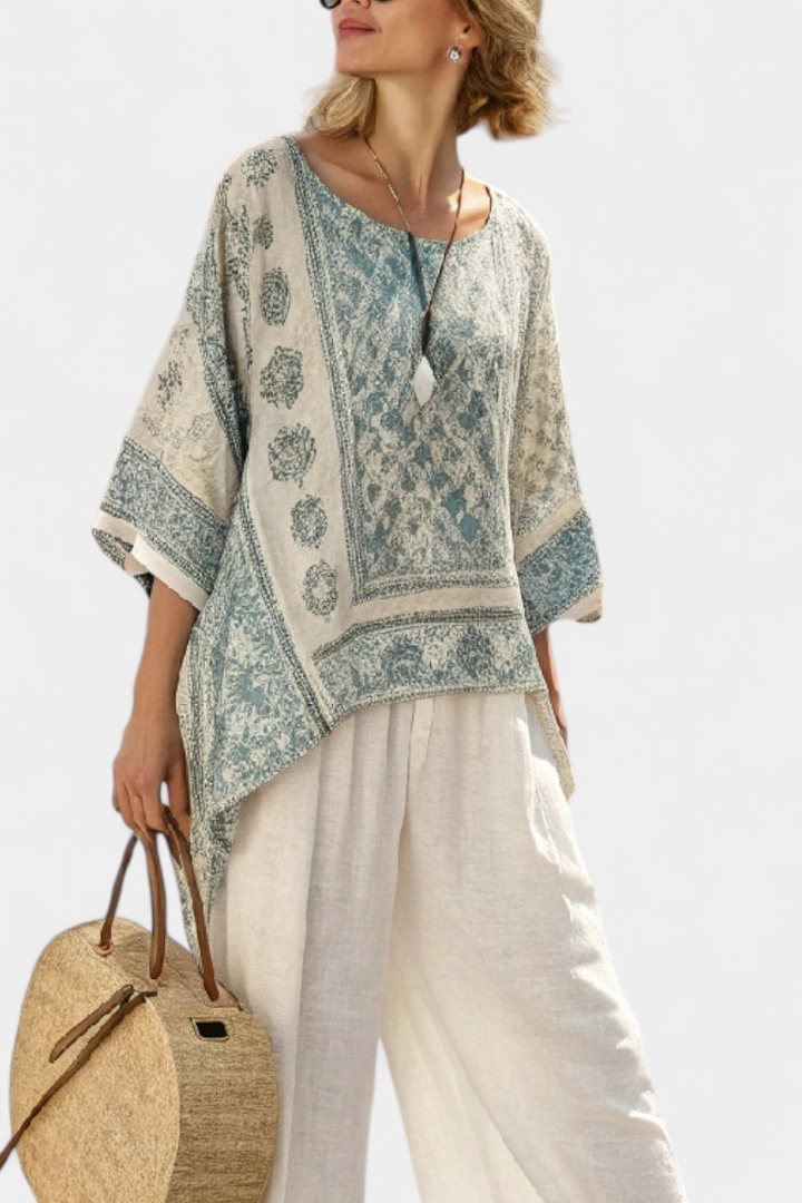 Milada – Lightweight Printed Top and Spacious White Pants