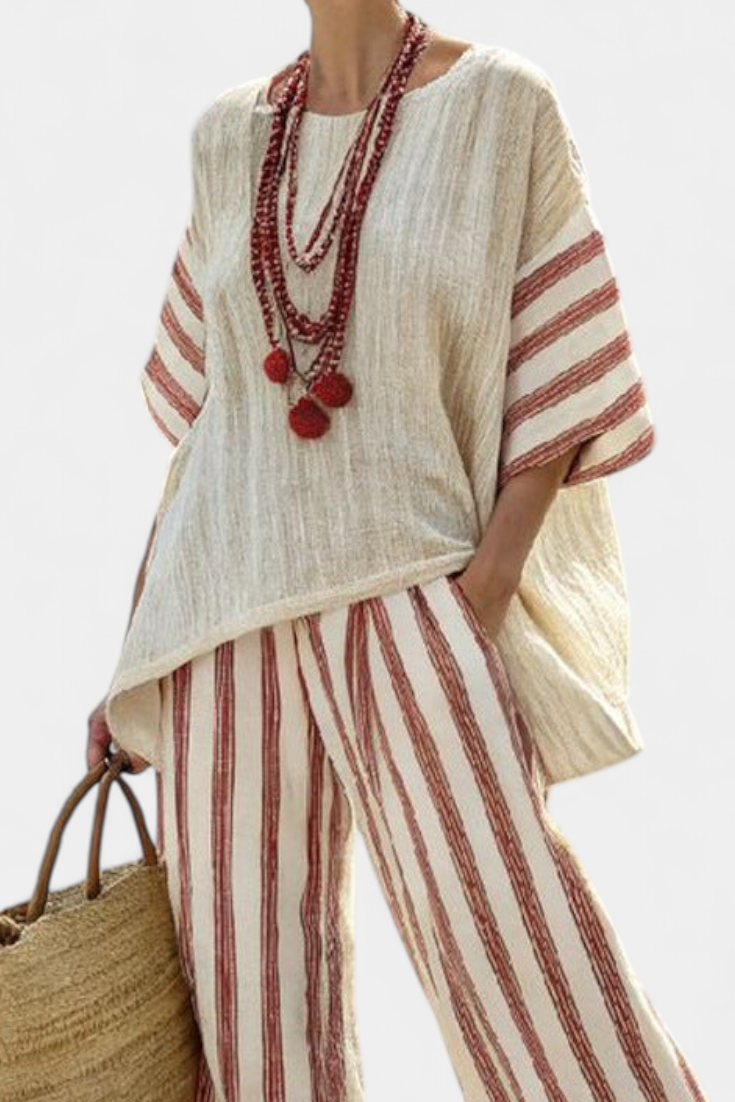 Ludmila – Stylish rustic striped blouse and cream-colored linen pants