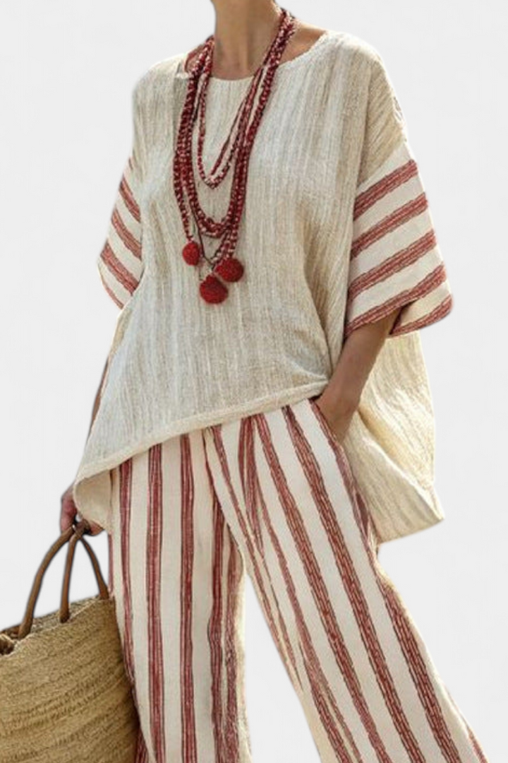 Ludmila – Stylish rustic striped blouse and cream-colored linen pants