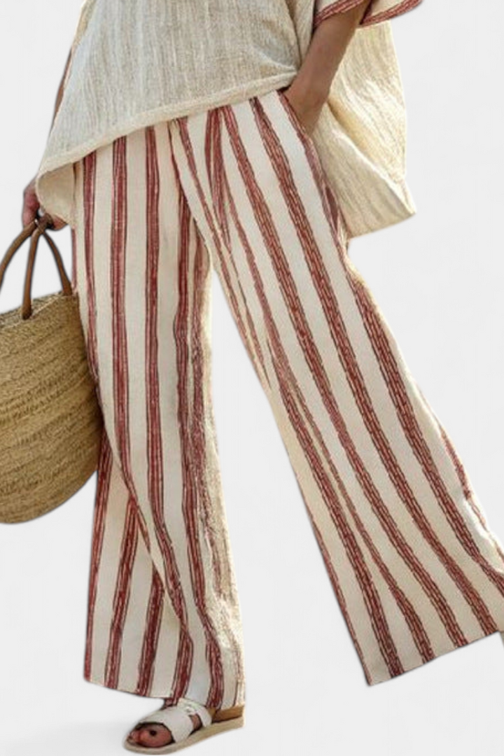 Ludmila – Stylish rustic striped blouse and cream-colored linen pants