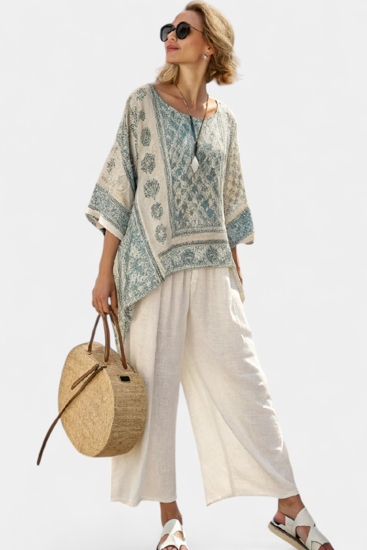 Milada – Lightweight Printed Top and Spacious White Pants