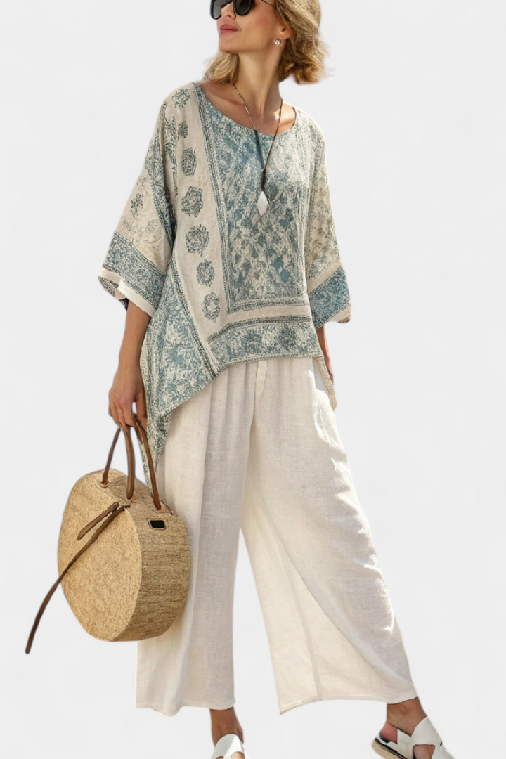 Milada – Lightweight Printed Top and Spacious White Pants