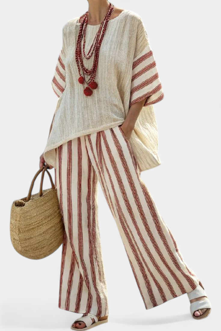 Ludmila – Stylish rustic striped blouse and cream-colored linen pants