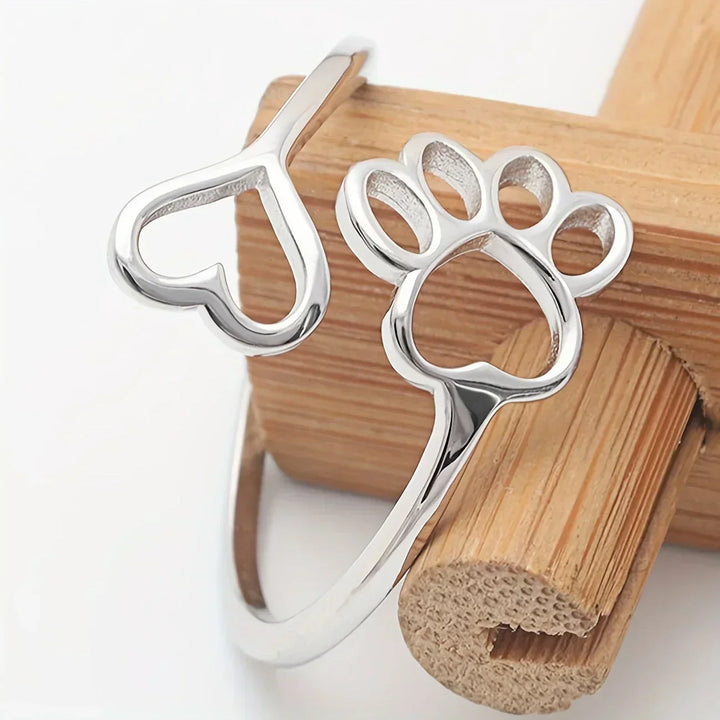 Handcrafted Adjustable Sterling Silver Ring with Paw Print & Heart
